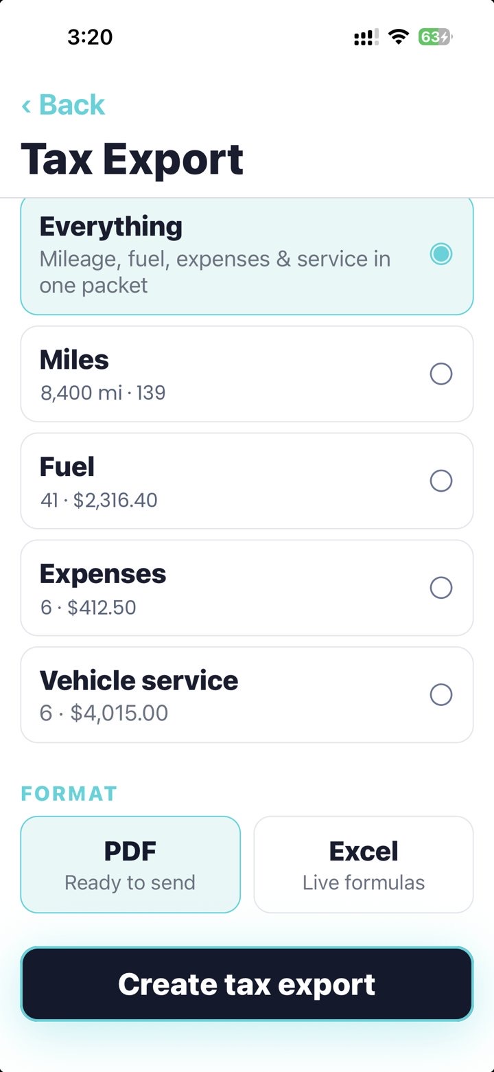 Tax Export screen: everything, miles, fuel, expenses, service; PDF or Excel