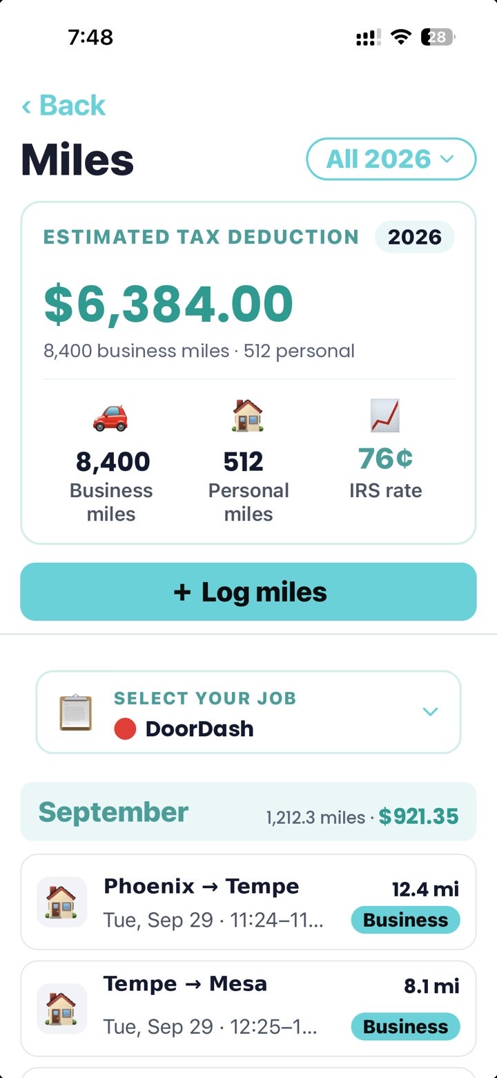 Miles screen with estimated deduction and trip list