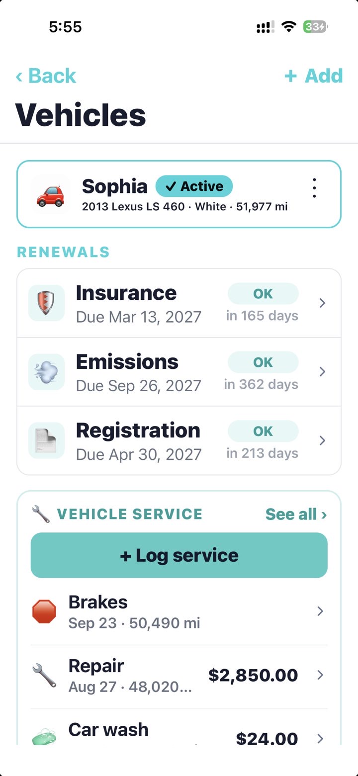 Vehicles screen showing insurance, emissions and registration renewals